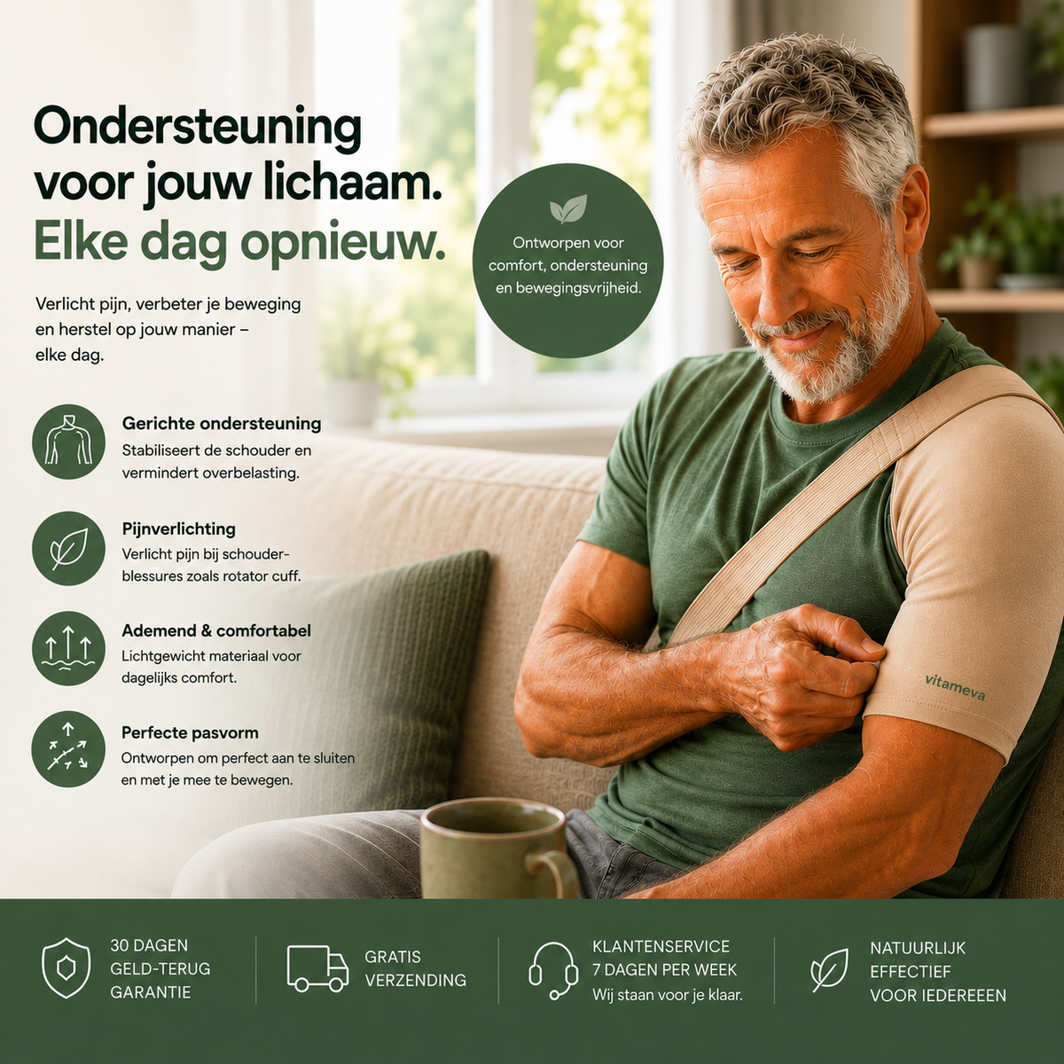 Overzicht van de vier voordelen van de FlexiSleeve schouderbrace: gerichte steun, pijnverlichting, ademend materiaal en pasvorm