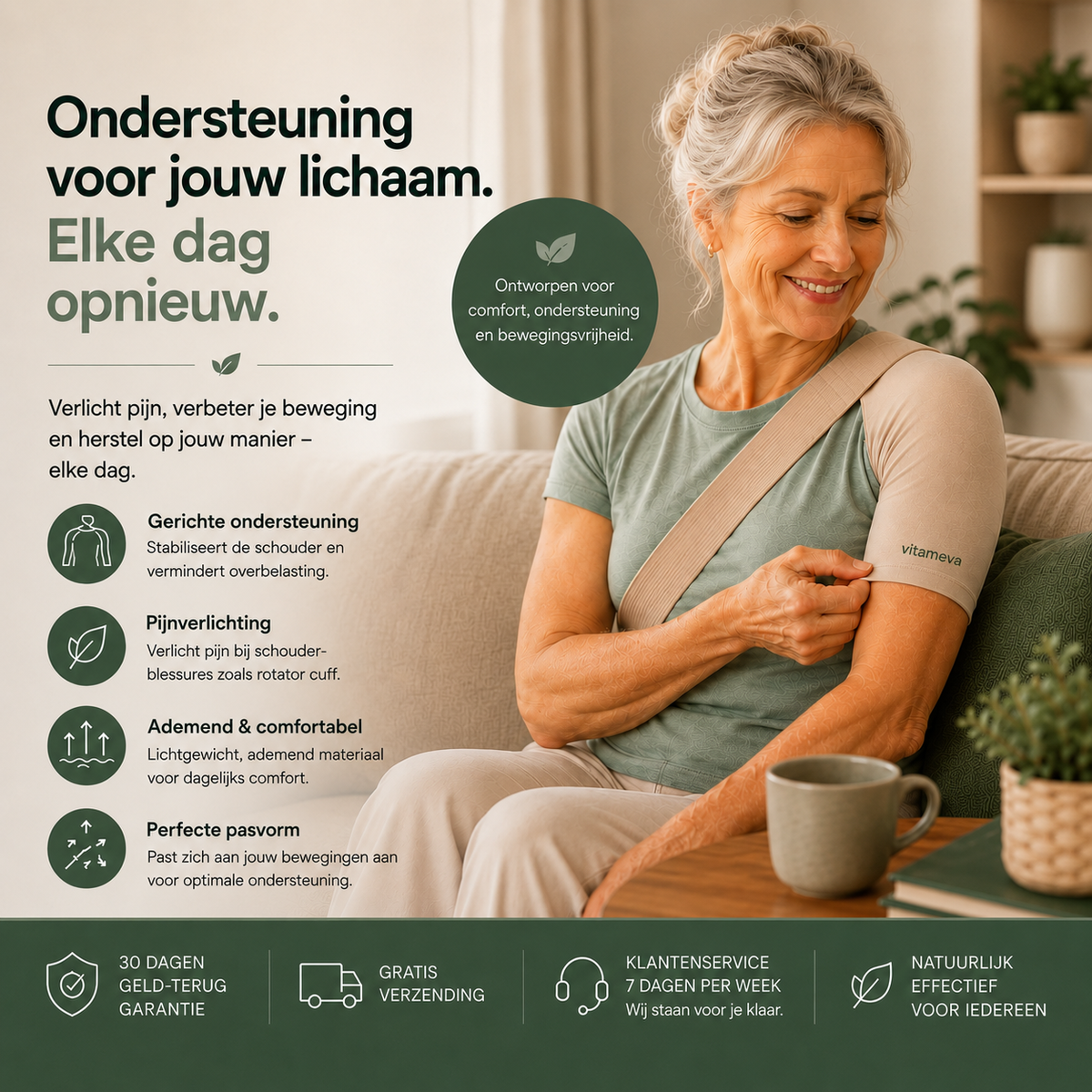 Vrouw met de FlexiSleeve schouderbrace naast een overzicht van de belangrijkste voordelen