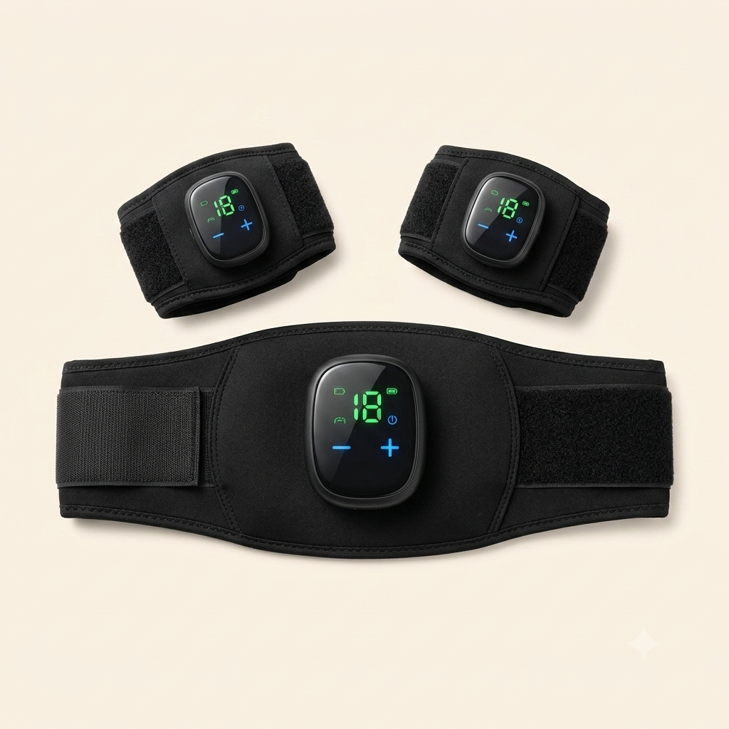 PulsaTone EMS spierstimulator: zwarte buikriem en twee armbanden met digitaal display