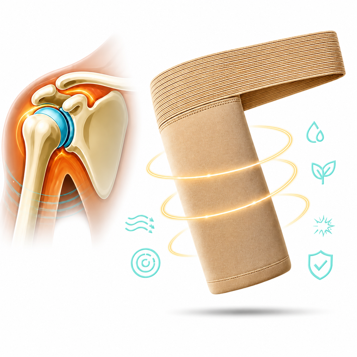 Anatomische weergave van een pijnlijke schouder naast de FlexiSleeve orthopedische schouderbrace