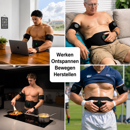 Vier gebruiksmomenten van de PulsaTone EMS spierstimulator: werken, ontspannen, bewegen en herstellen