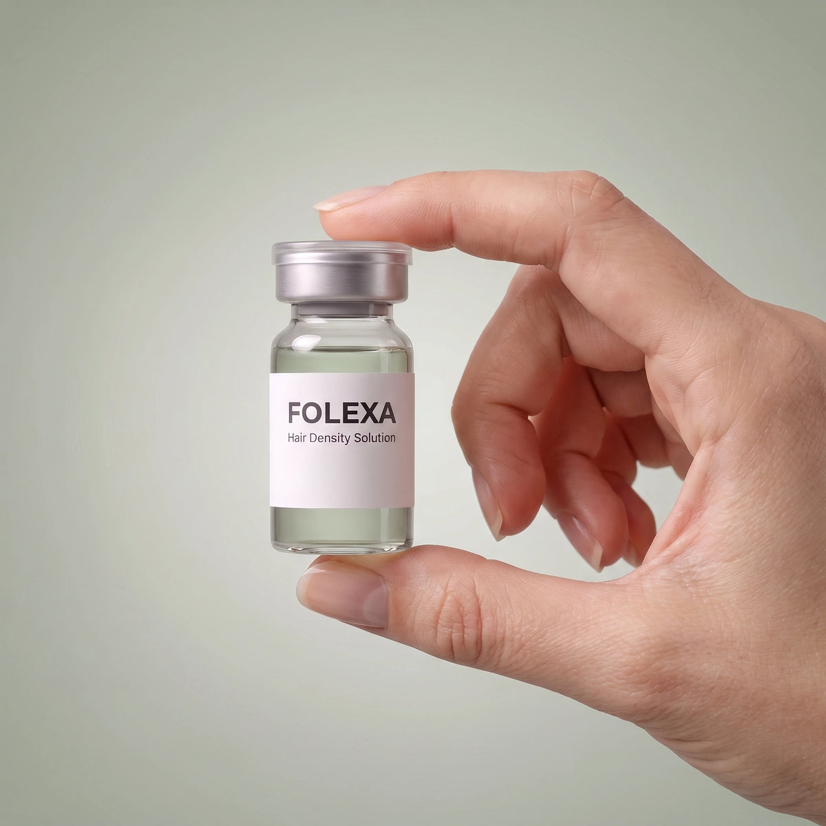 Hand houdt een ampul Folexa vast, formaat van het flesje